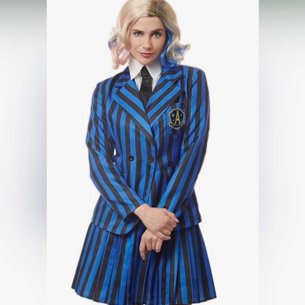 Halloween Enid Costume Blue and Black Striped Women's Blazer and Skirt with wig